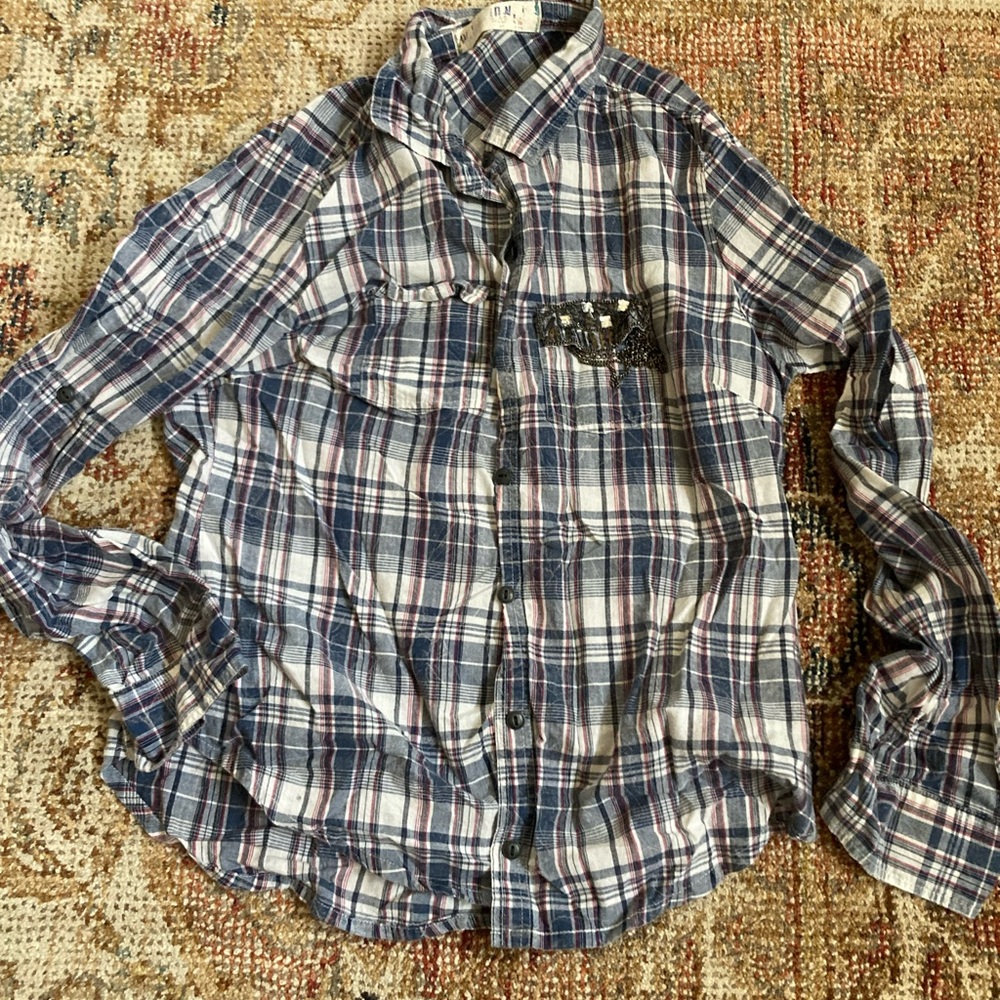 Plaid Long Sleeve Bling Embellished Shirt